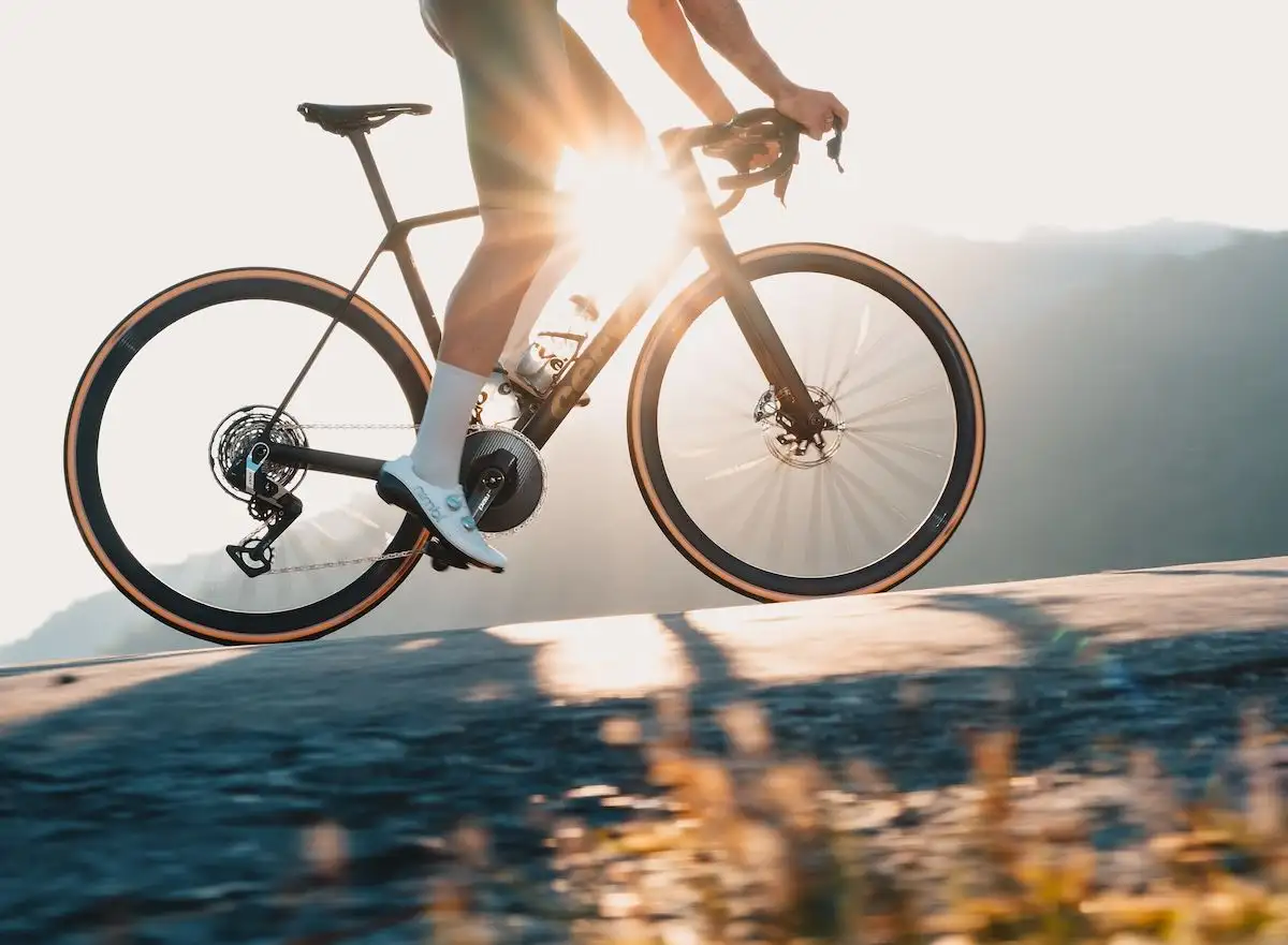 person riding road bike in summer with sun shining bright behind him