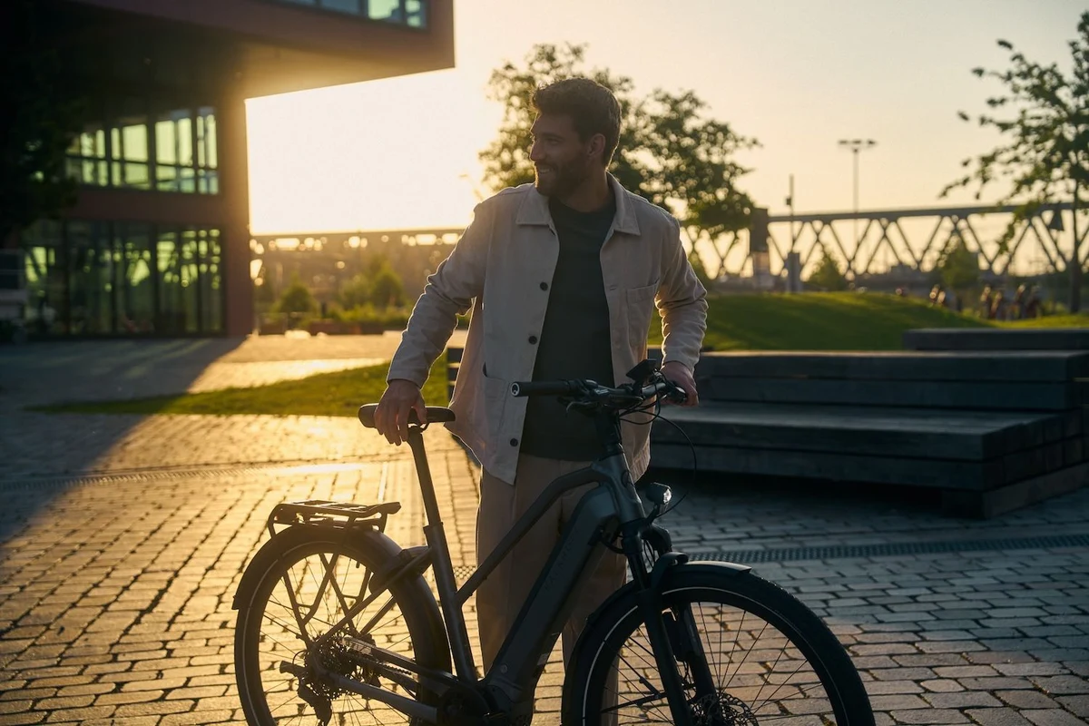 Lächelnder Mann mit Bike vor Sunset