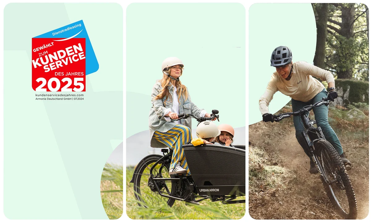 Frau mit Kindern in Lastenrad und Mountainbiker vor hellgrünem Hintergrund mit Kundenservice-Siegel