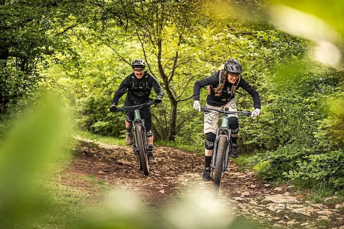 two people on bikes in forest