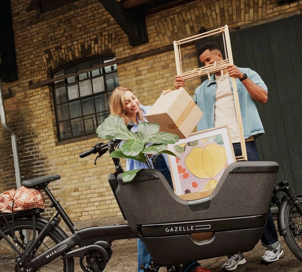 Couple is transporting several things in jobbike